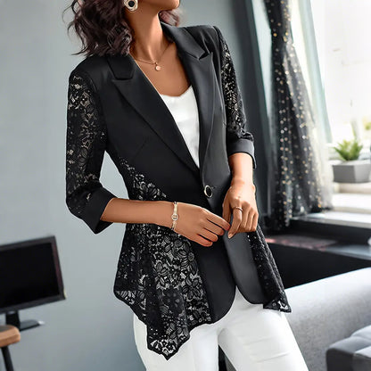Elegant Lace Patchwork Peak Lapel 3/4 Sleeve One Button Blazer