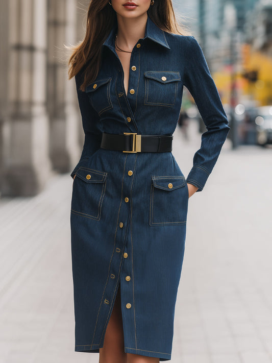 Denim Belted Shirt Dress With Utility Pockets