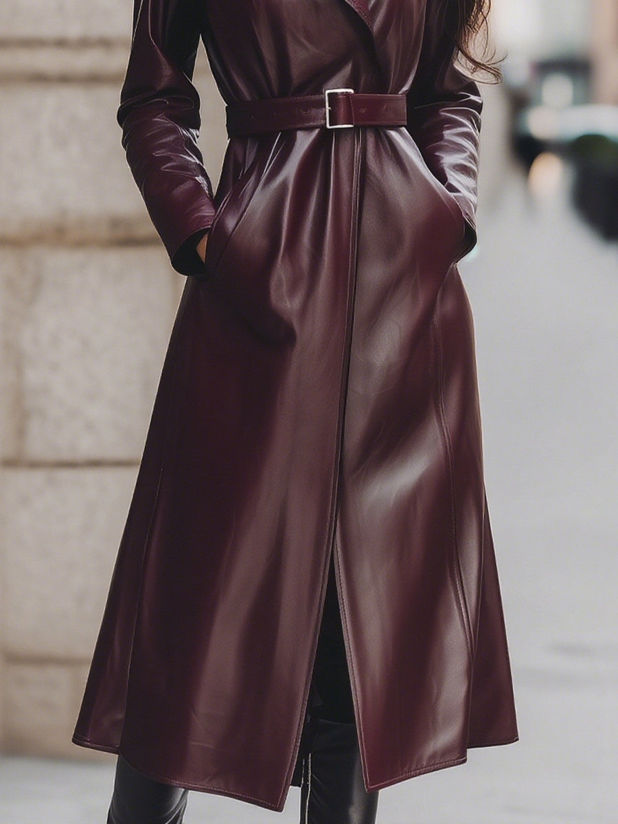 Faux Leather Trench Coat With Belt