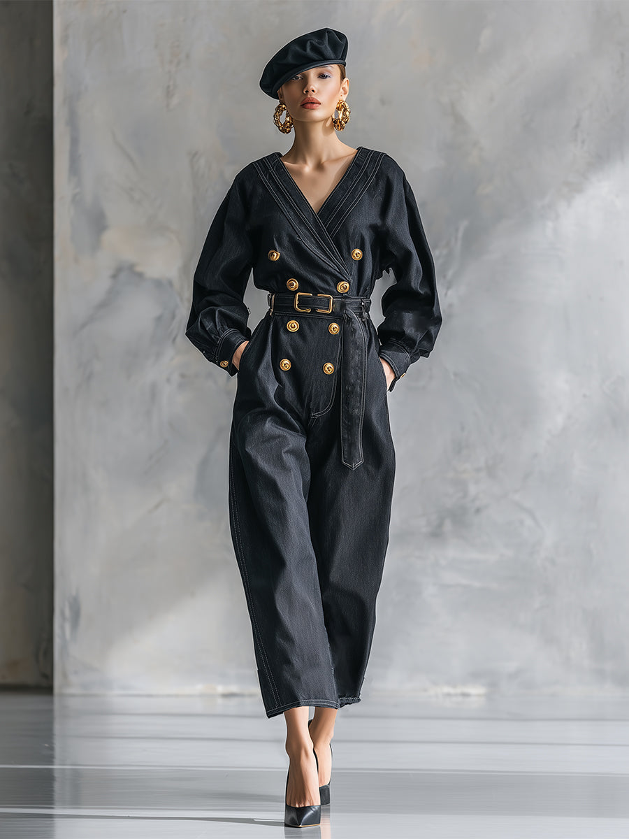 Elegant And Fashionable V-neck Button Belt Black Faux Denim Long-sleeved Jumpsuit