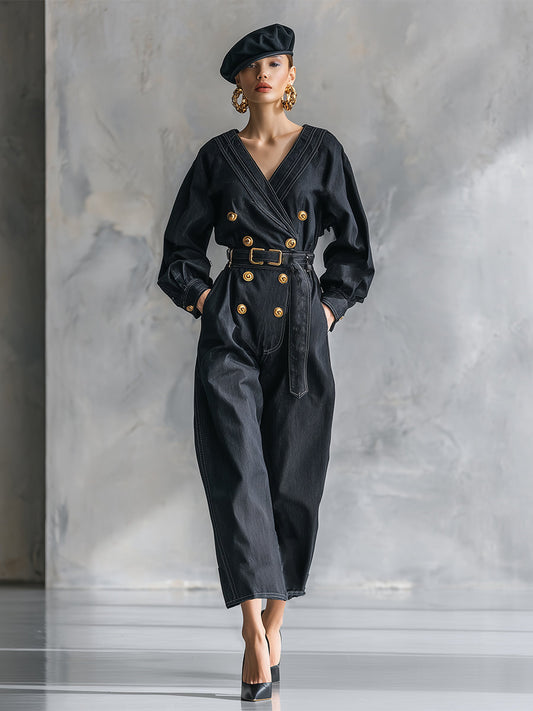 Elegant And Fashionable V-neck Button Belt Black Faux Denim Long-sleeved Jumpsuit