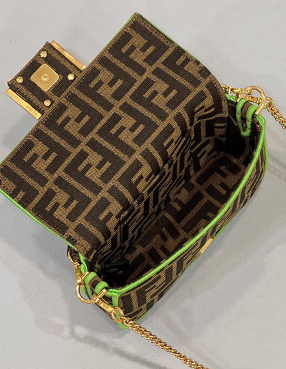 FI Baguette Small Brown Fabric Green Border Bag For Woman 18cm/7in