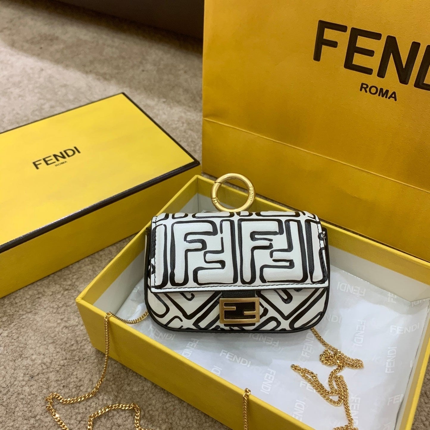 FI Nano Baguette Charm California Sky White For Women, Handbags, Shoulder And Crossbody Bags 4.3in/11cm FF 7AR844
