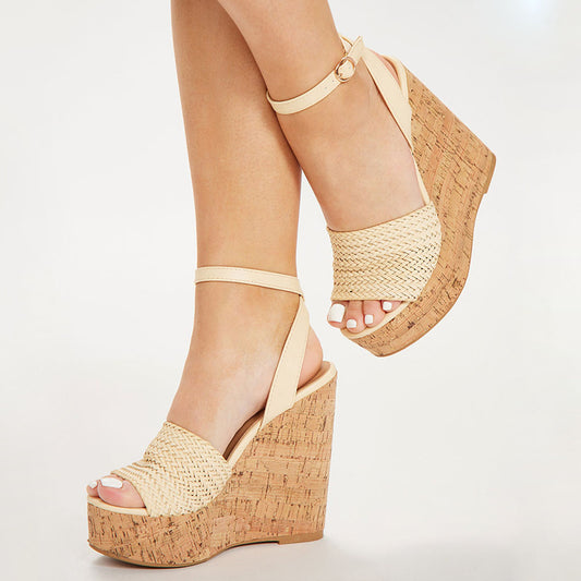 Beige Open Toe Wedge Heel Ankle Strap Platform Sandals