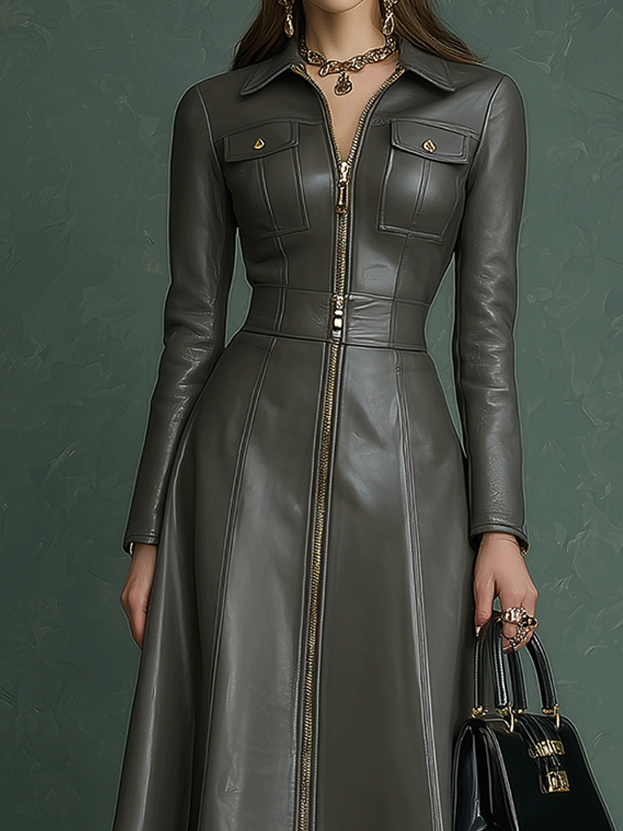 Dark Gray A-Line Faux Leather Maxi Dress