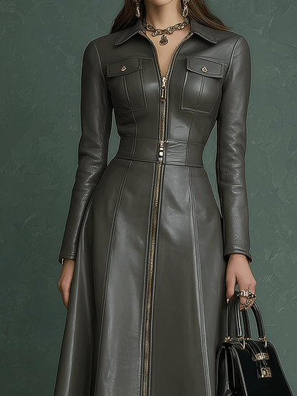 Dark Gray A-Line Faux Leather Maxi Dress