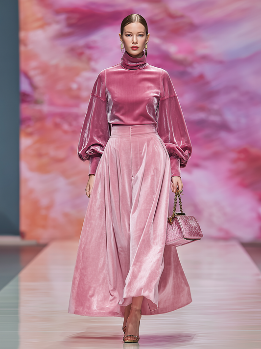 Elegant Velvet Stand-up Collar Long-sleeved T-shirt And Skirt Set