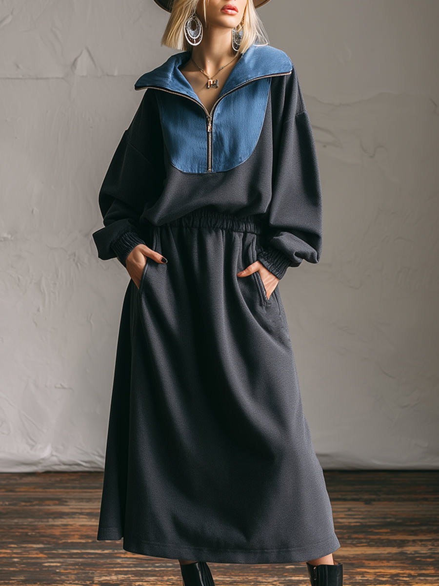 Fashion Casual Denim Collar Dark Grey Half-zip Sweatshirt Sports Maxi Dress