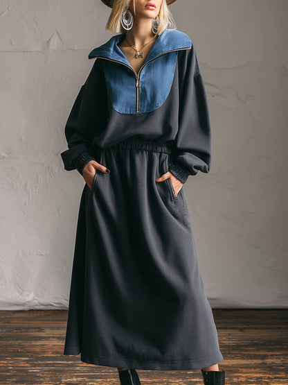 Fashion Casual Denim Collar Dark Grey Half-zip Sweatshirt Sports Maxi Dress