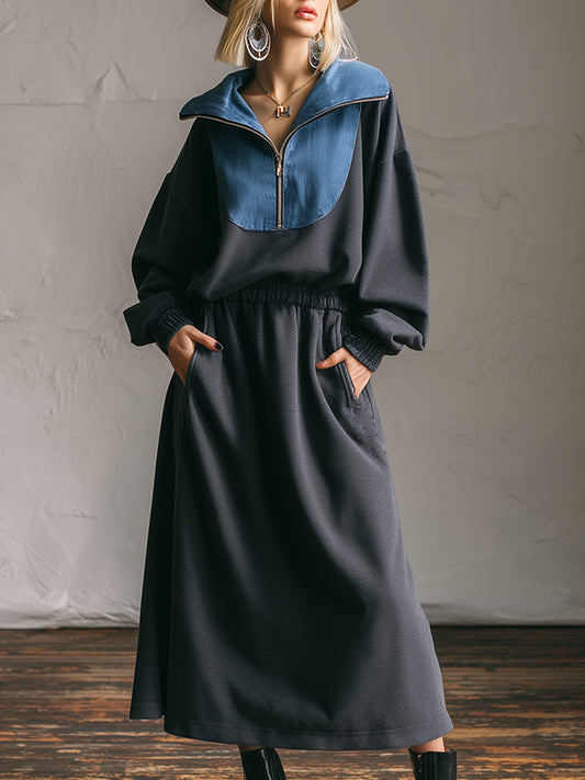 Fashion Casual Denim Collar Dark Grey Half-zip Sweatshirt Sports Maxi Dress