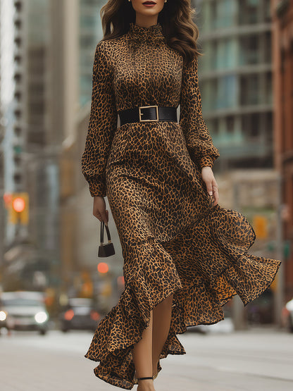 Fierce Elegance Leopard Print Ruffle Maxi Dress