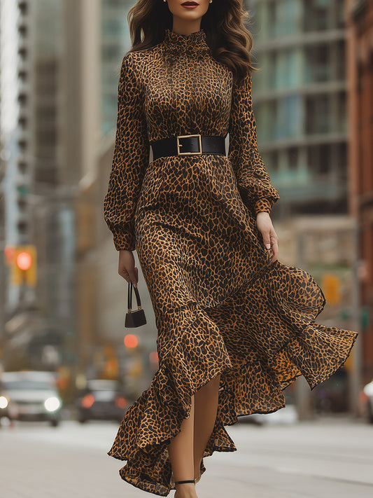 Fierce Elegance Leopard Print Ruffle Maxi Dress