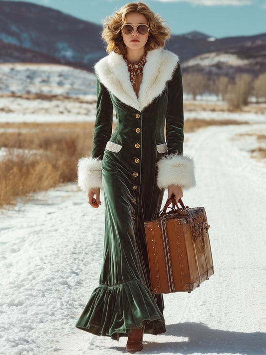 Fashion Retro Dark Green Velvet Faux Fur Collar Ruffled Maxi Dress