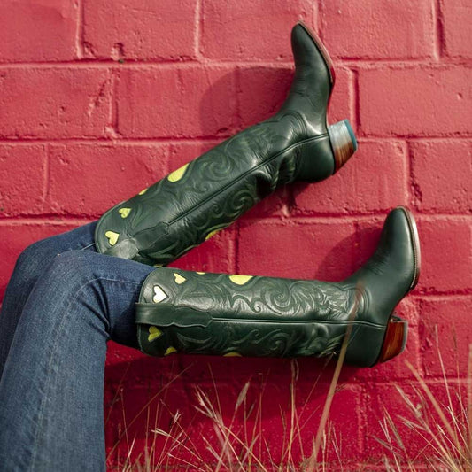 Dark Green Heart Inlay Round Toe Chunky Heel Knee-High Cowgirl Boots