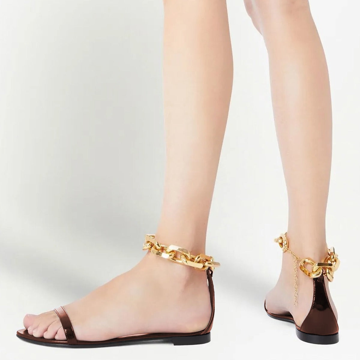 Fashion Brown Open Toe Gold Chain Flat Sandals for Women