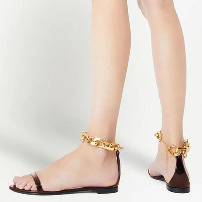 Fashion Brown Open Toe Gold Chain Flat Sandals for Women