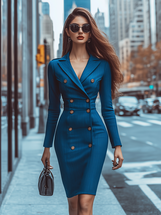 Elegant Vintage Double-Breasted Denim Midi Dress