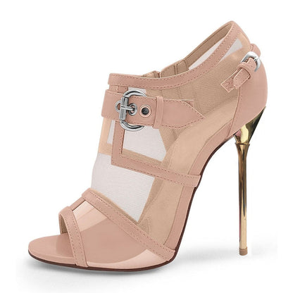 Beige Mesh Peep Toe Stiletto Heel Pumps with Buckle