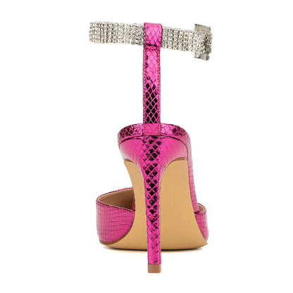 Fuchsia Snake Embossed Rhinestone Strap Stiletto Heel Pumps Shoes