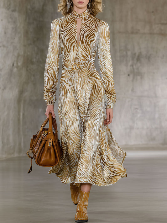 Fashion Retro Champagne Velvet Gold Zebra Pattern Long-Sleeved Midi Dress