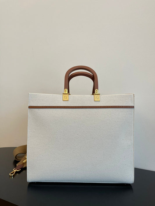 FI Sunshine Medium Tote Bag Light Grey Canvas For Women, Bags, Shoulder Bags 13.8in/35cm FF 8BH386