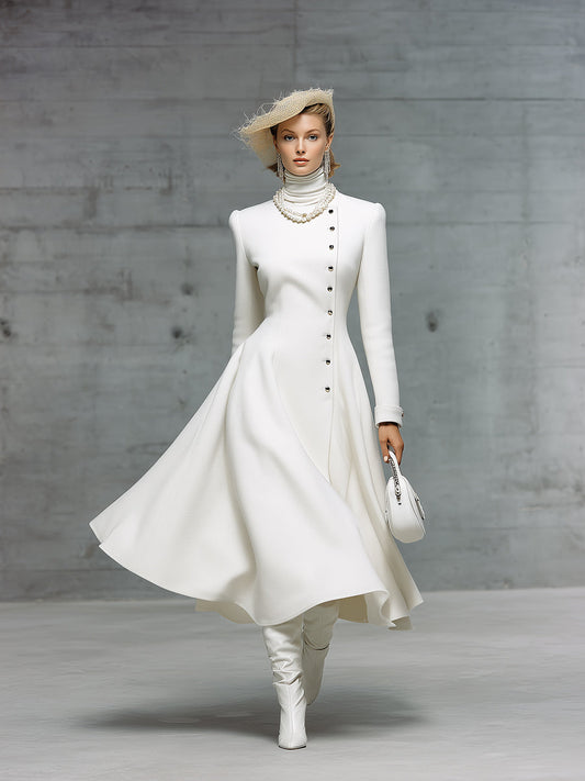 Elegant And Fashionable Round-neck White Long Coat