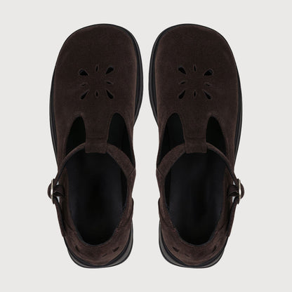 Dark Brown Vegan Suede Cut-Out Platform Chunky Heeled Mary Janes
