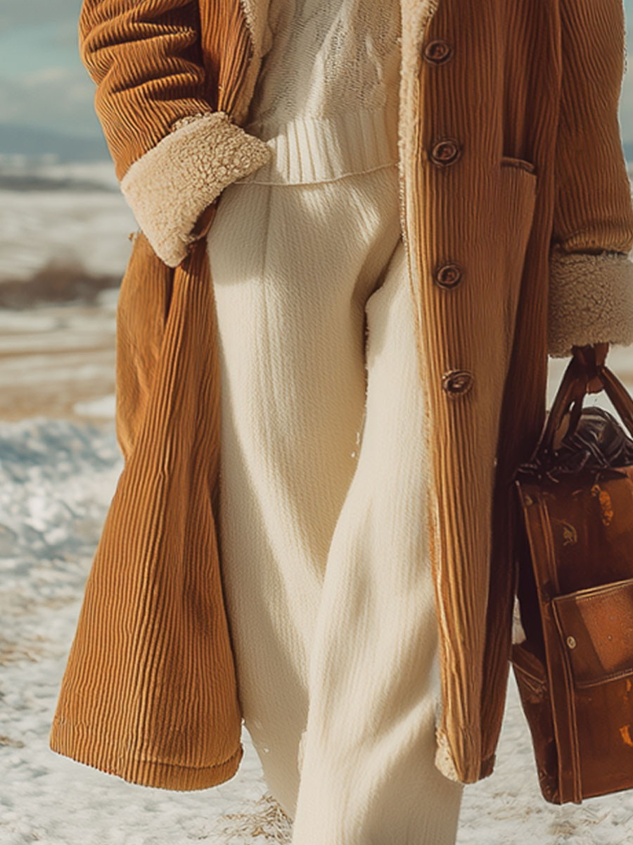 Fashion Retro Camel Corduroy Composite Polar Fleece Coat