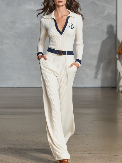 Elegant V-neck Lapel Navy Blue Trim Off-white Knitted Sweater And Trousers Set
