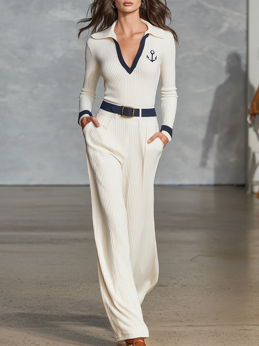 Elegant V-neck Lapel Navy Blue Trim Off-white Knitted Sweater And Trousers Set