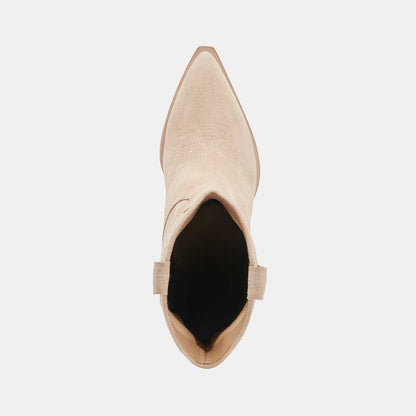 Beige Pointed Toe Kitten Heel Pull Tab Ankle Boots with Stitching