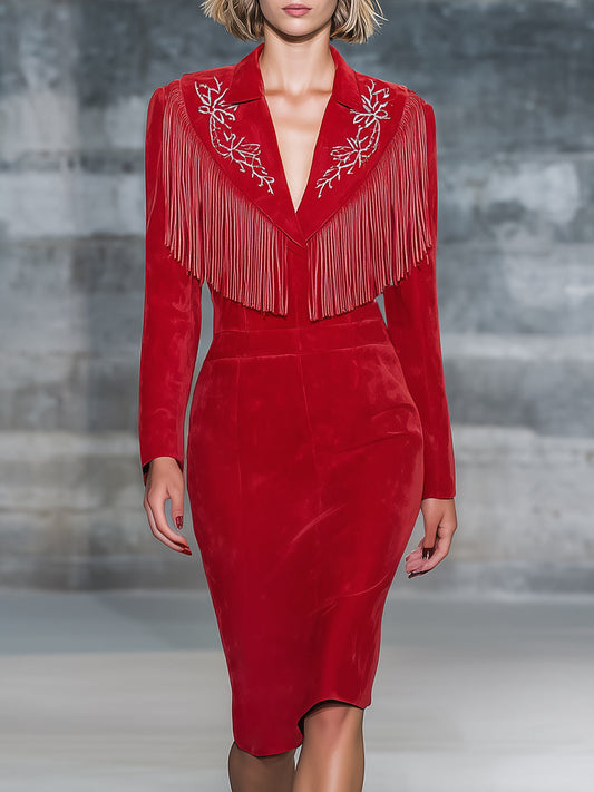 Fashionable Western Style White Embroidered Tassel Red Faux Suede Midi Dress