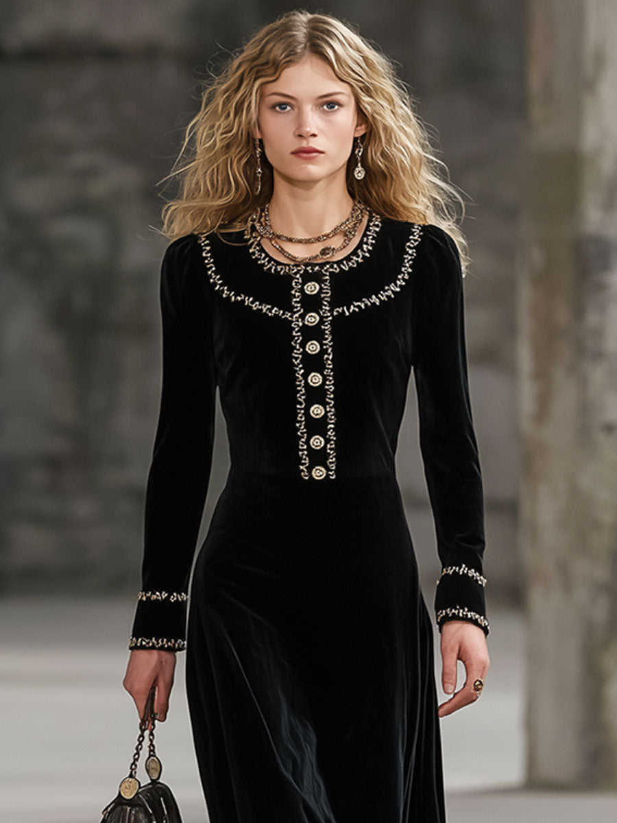 Fashion Retro Gold-Trimmed Black Velvet Long-Sleeved Maxi Dress