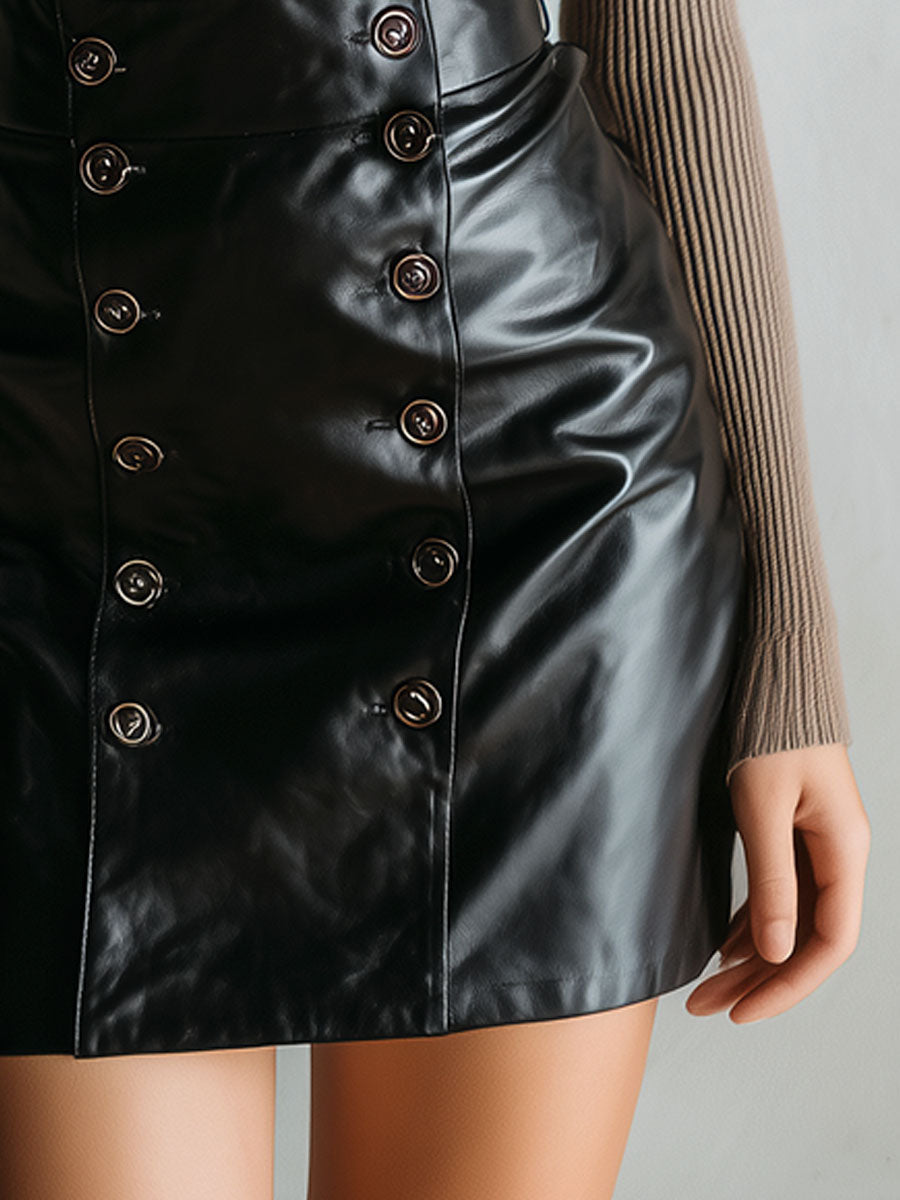 Double-Breasted Button High-Waisted Black Eco Leather Mini Skirt