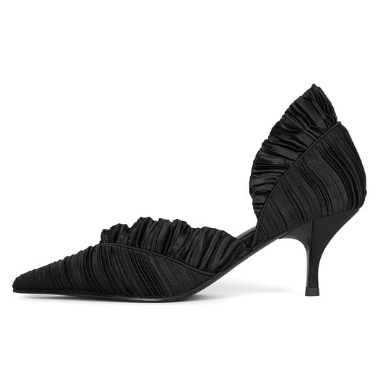 Elegant Fabric Pointed Toe Kitten Heel Black Pumps with Ruffle Decor