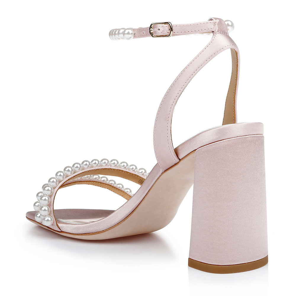Elegant Pink Satin Pearl Strappy Wedding Sandals with Chunky Heel