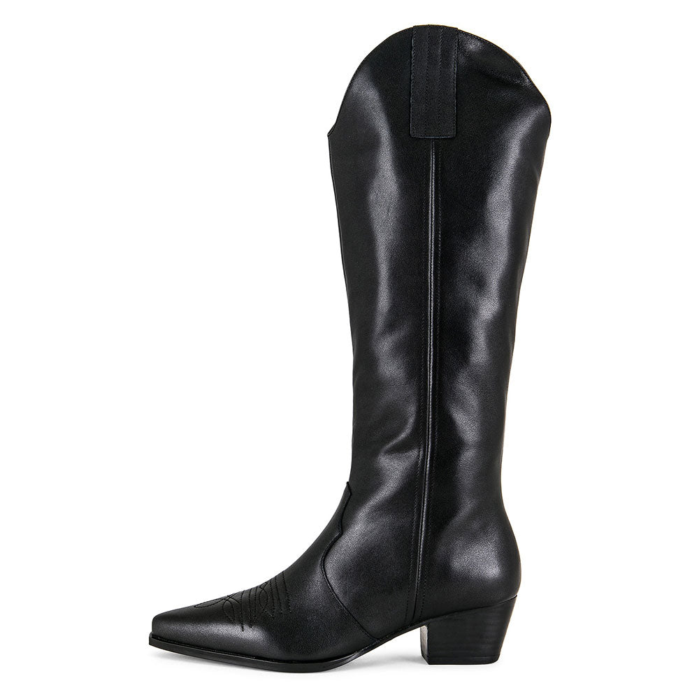 Faux Leather Embroidered Pointed Toe Mid-Calf Black Cowgirl Boots
