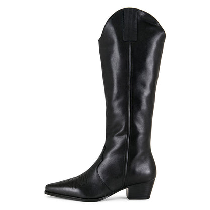 Faux Leather Embroidered Pointed Toe Mid-Calf Black Cowgirl Boots