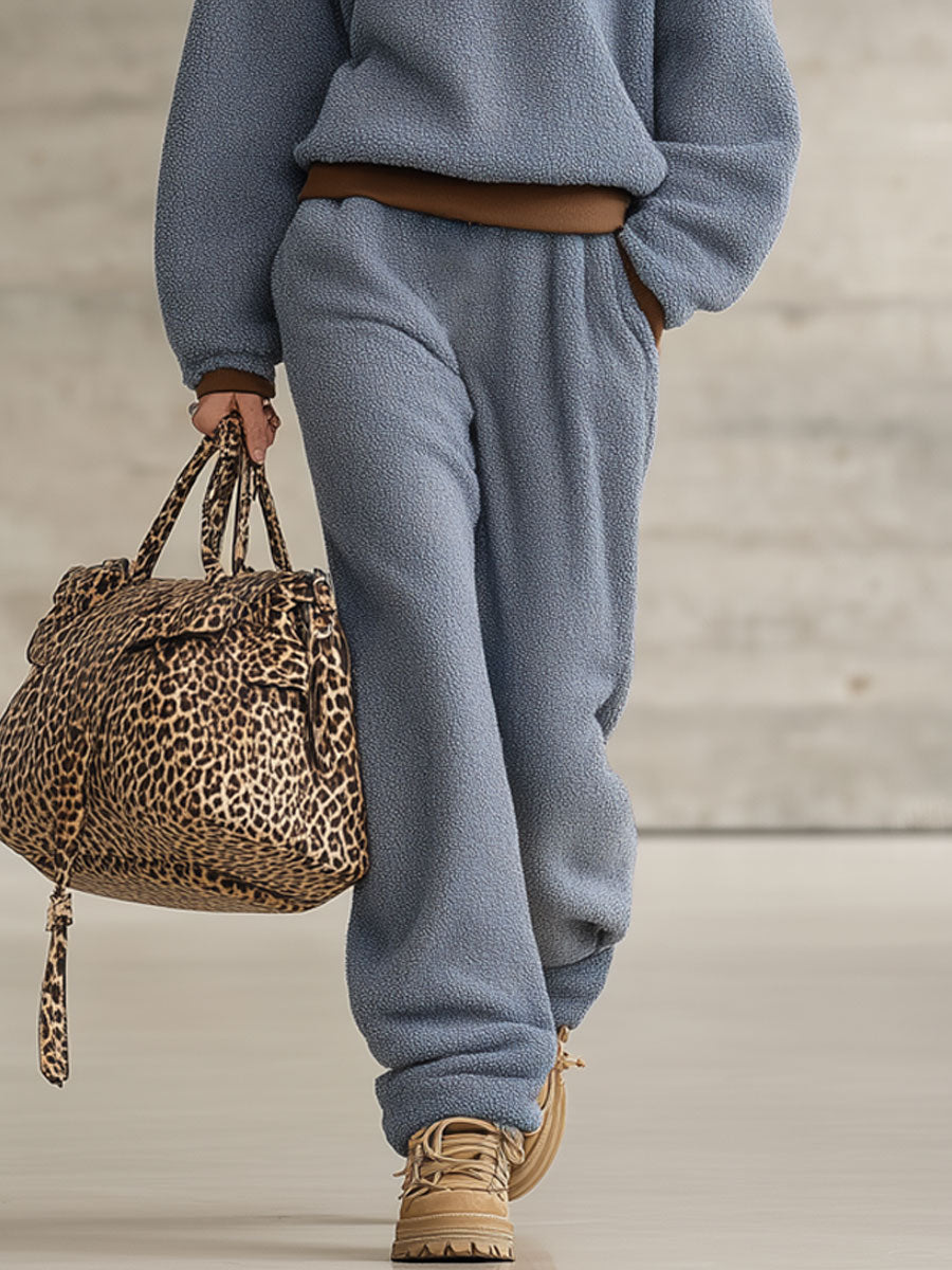 Fashion Retro Brown Trim Blue Polar Fleece Zipper Sweatshirt Pants Set