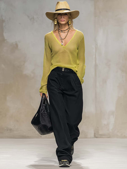 Exquisite Casual Breathable V-neck Long-sleeved Lemon Green Knitted Blouse Top