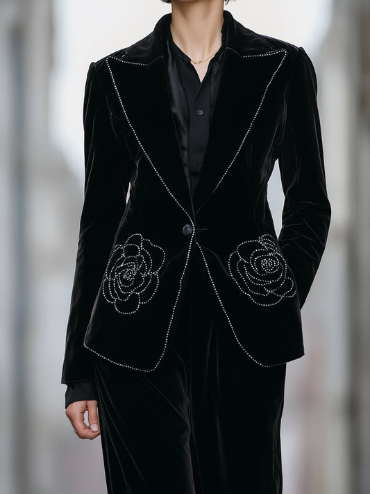 Elegant Velvet Beading Blazer And Wide-Leg Pants Set