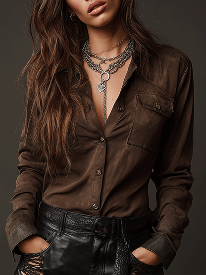 Fashion Retro Brown Soft Washed Work Shirt