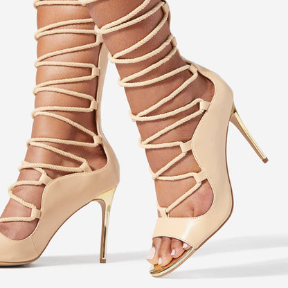 Beige Open Toe 4'' Stiletto Heel Lace Up Gladiator Sandals