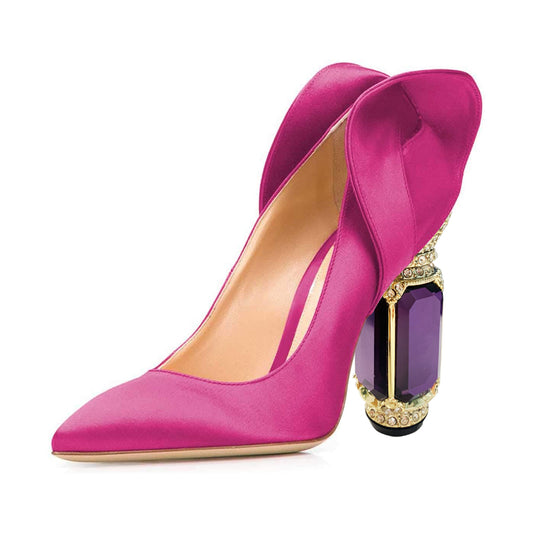 Fuchsia Satin Pointed Toe Pumps Shoes with Sculptural Heel
