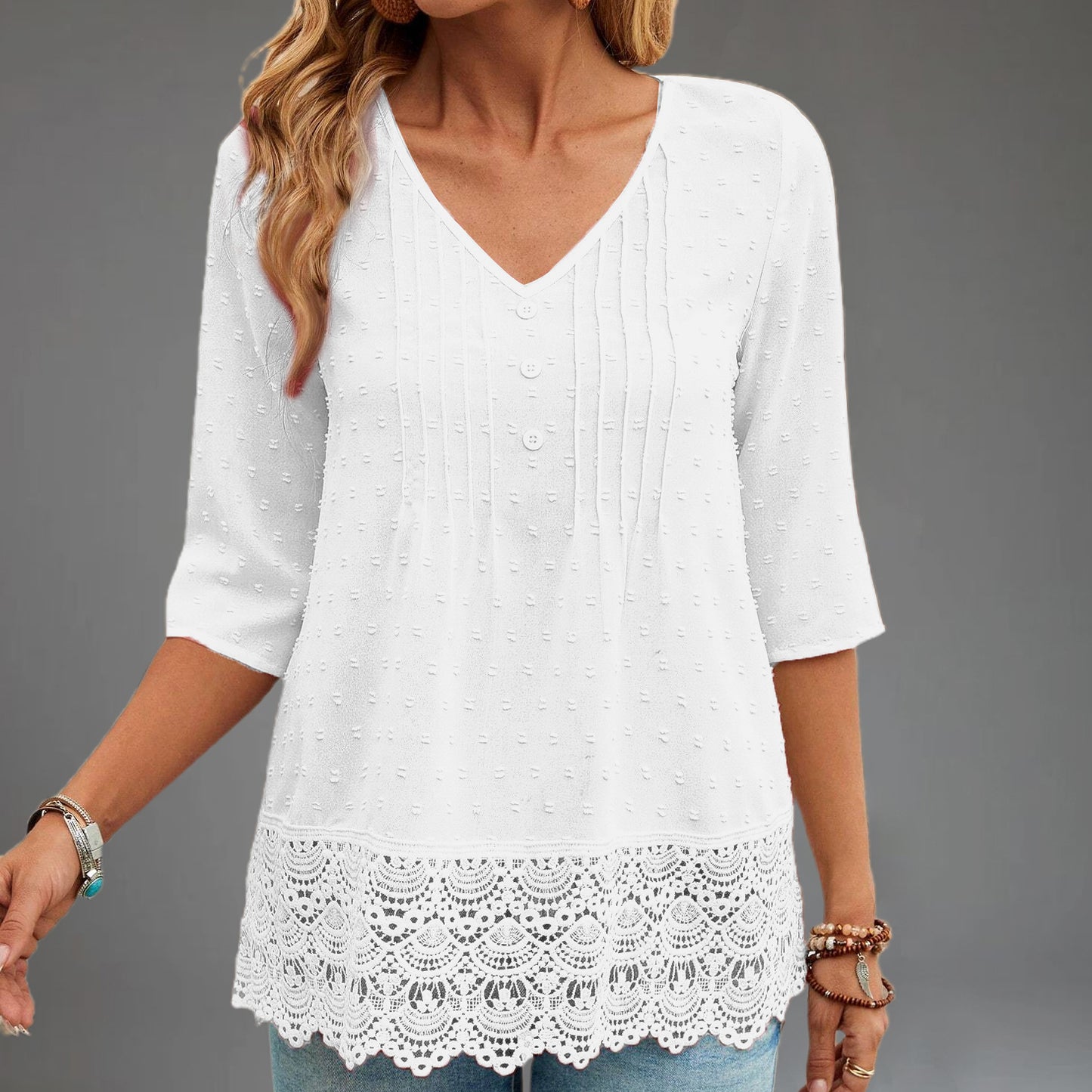 Everyday Swiss Dot V Neck 3/4 Sleeve Guipure Lace Blouse