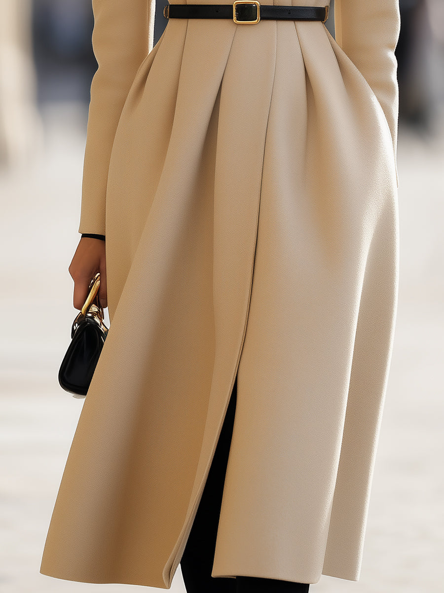 Elegant Beige Belted Midi Coat