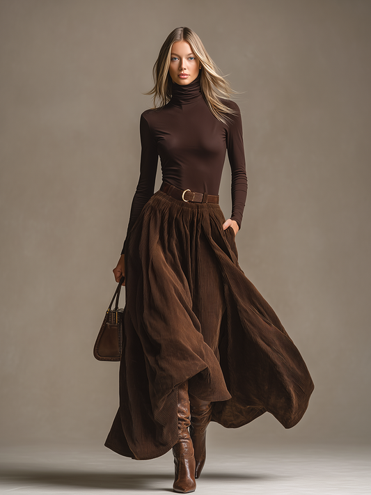 Elegant Vintage Turtleneck T-shirt And Corduroy Skirt Set