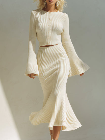 Elegant And Exquisite Beige Round Neck Knitted Cardigan Fishtail Skirt Set