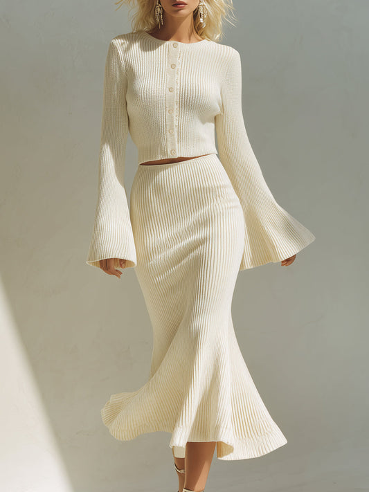 Elegant And Exquisite Beige Round Neck Knitted Cardigan Fishtail Skirt Set
