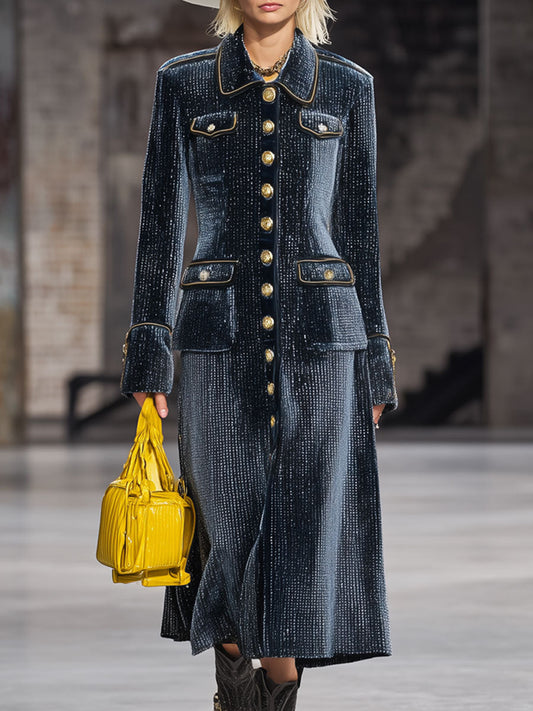 Fashion Retro Gold-Trimmed Shiny Navy Blue Velvet Long Coat